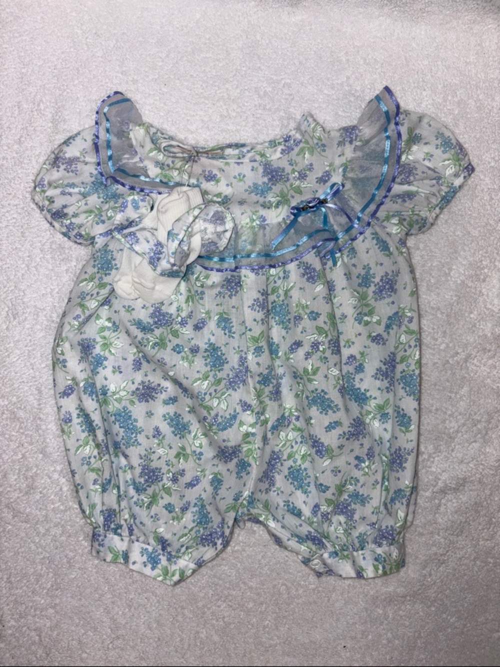 Little precious floral bubble summer romper ruffle collar matching socks 3/6m